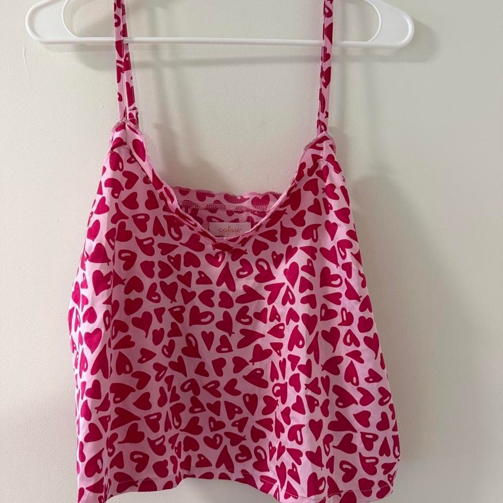 Colsie Cami Top Womens L Pink Like New Heart Print Spaghetti Strap Pajama Top